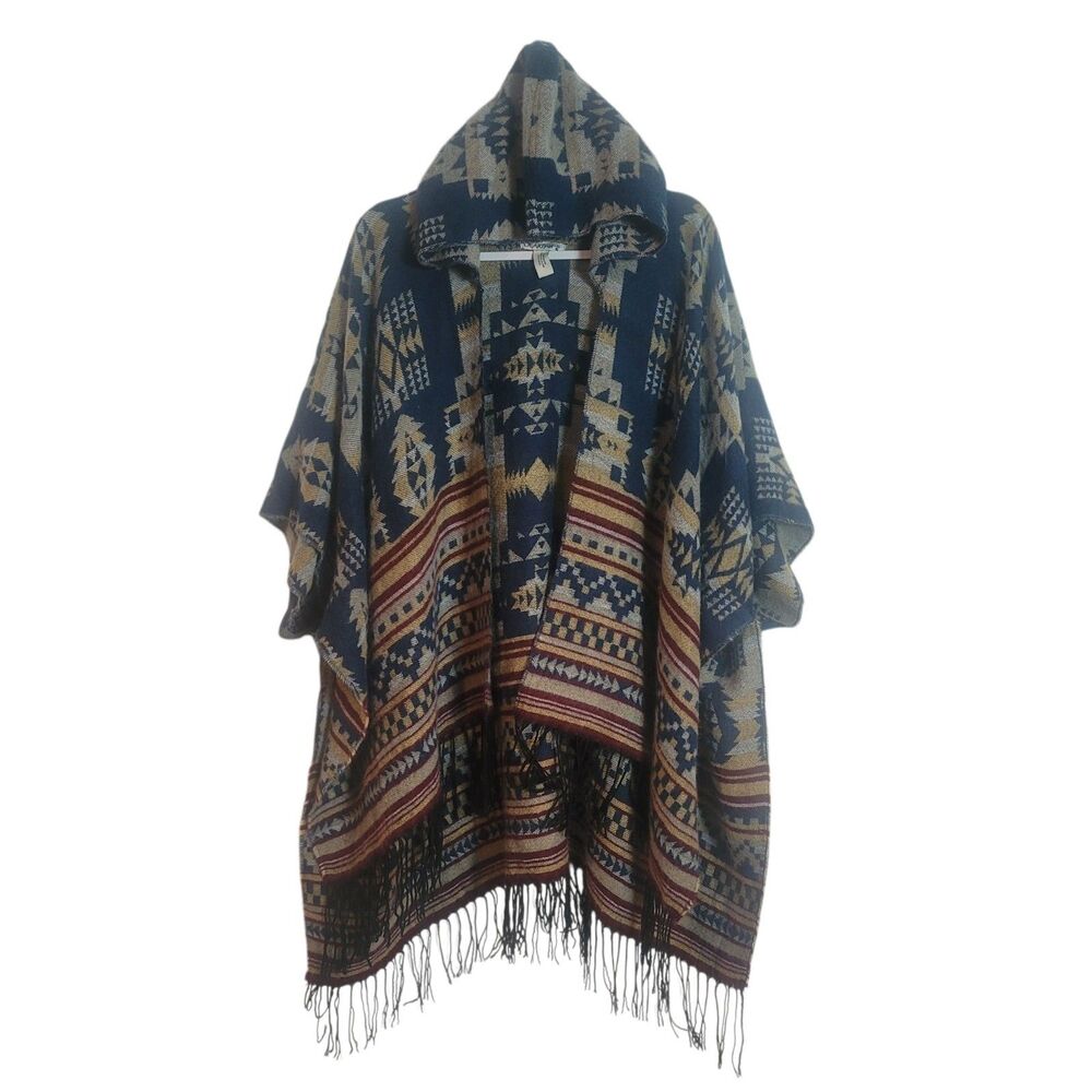 Bearpaw Hooded Fringe Poncho Soutwestern Aztec Women's One Size Casual Cozy